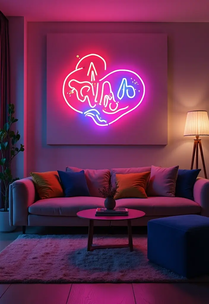 30 Jaw-Dropping Modern Wall Art Ideas to Elevate Your Living Room Instantly - 10. Neon Lights Art 1