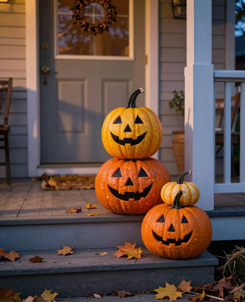 Charming Small Space Outdoor Halloween Decor Ideas to Spook Up Your Porch! - 1. Playful Pumpkin Stack 1