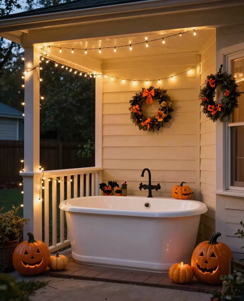 Charming Small Space Outdoor Halloween Decor Ideas to Spook Up Your Porch! - 10. String Lights Magic 1