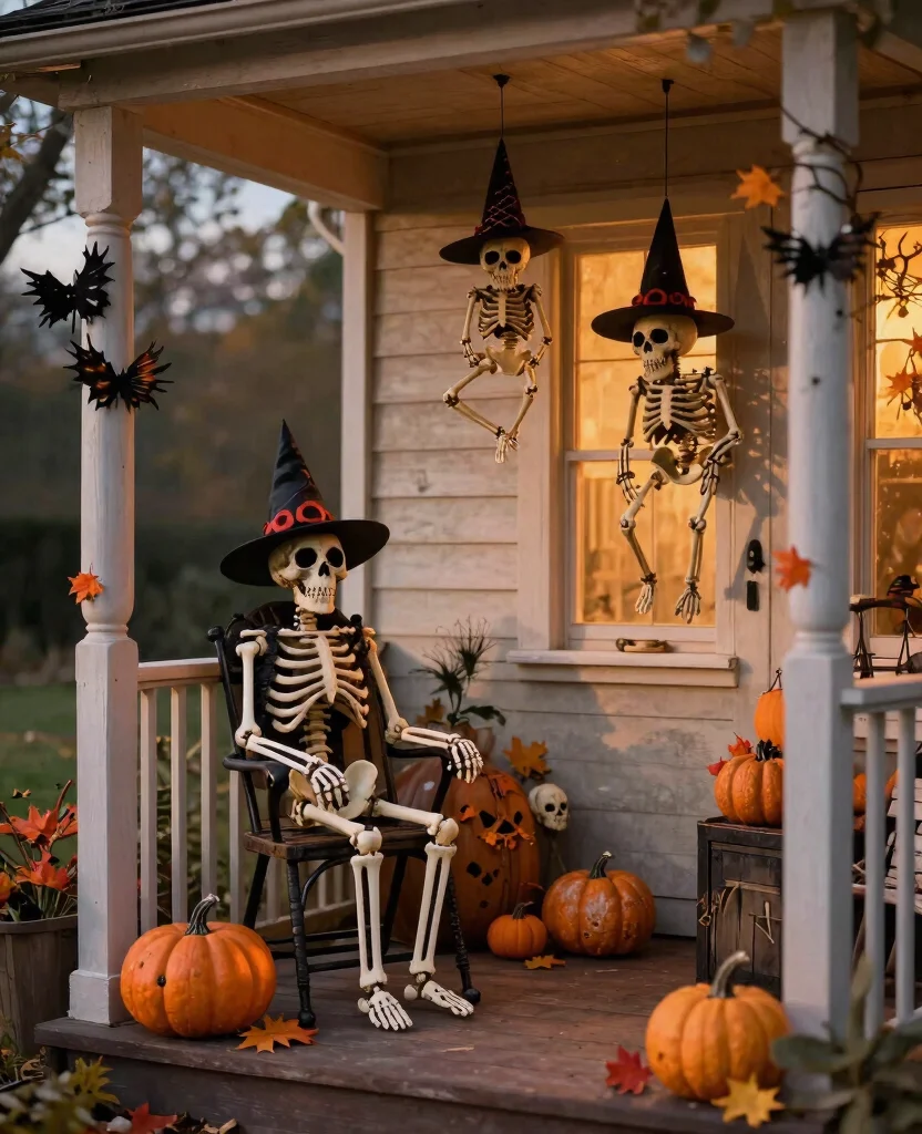 Charming Small Space Outdoor Halloween Decor Ideas to Spook Up Your Porch! - 9. Whimsical Skeletons 1