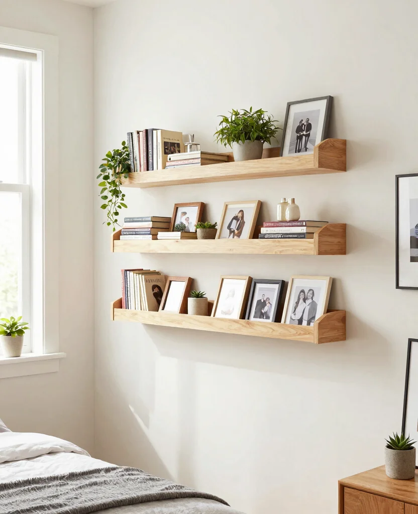 Stylish Small Bedroom Decor Ideas for Couples in Space-Saving Studio Apartments - 2. Stylish Floating Shelves 1