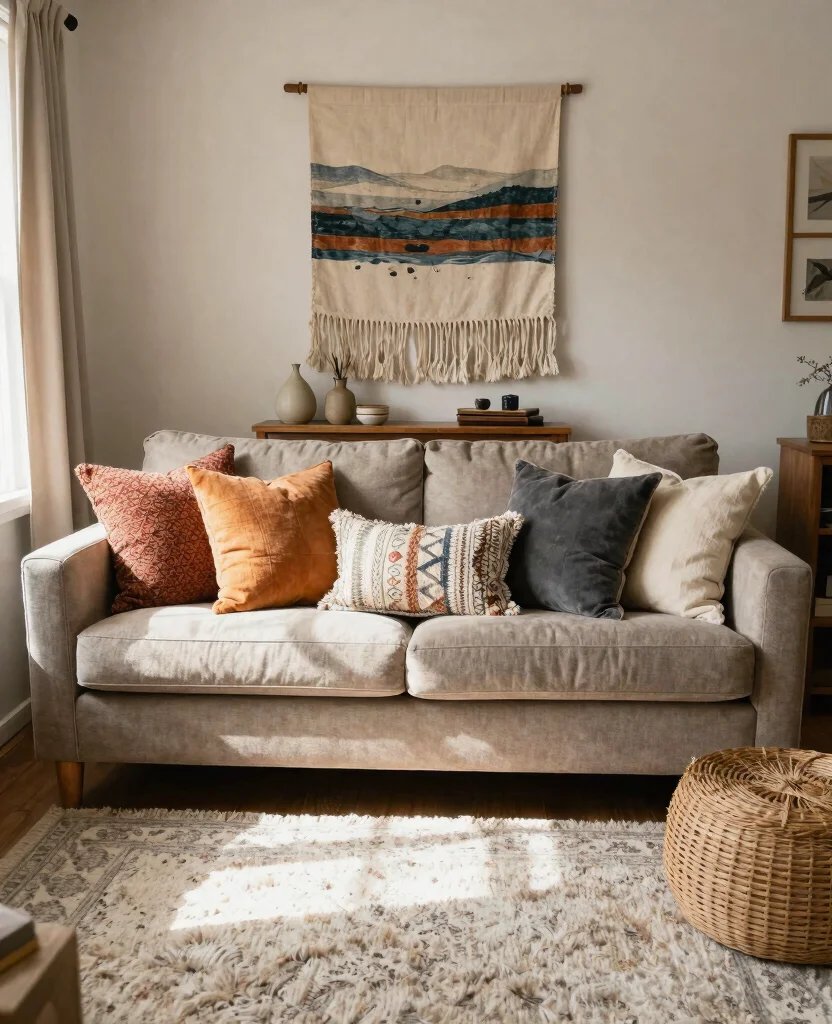 Stylish Small Space Living Room Wall Decor Ideas to Transform Your Cozy Nook - 10. Layering with Textiles 1