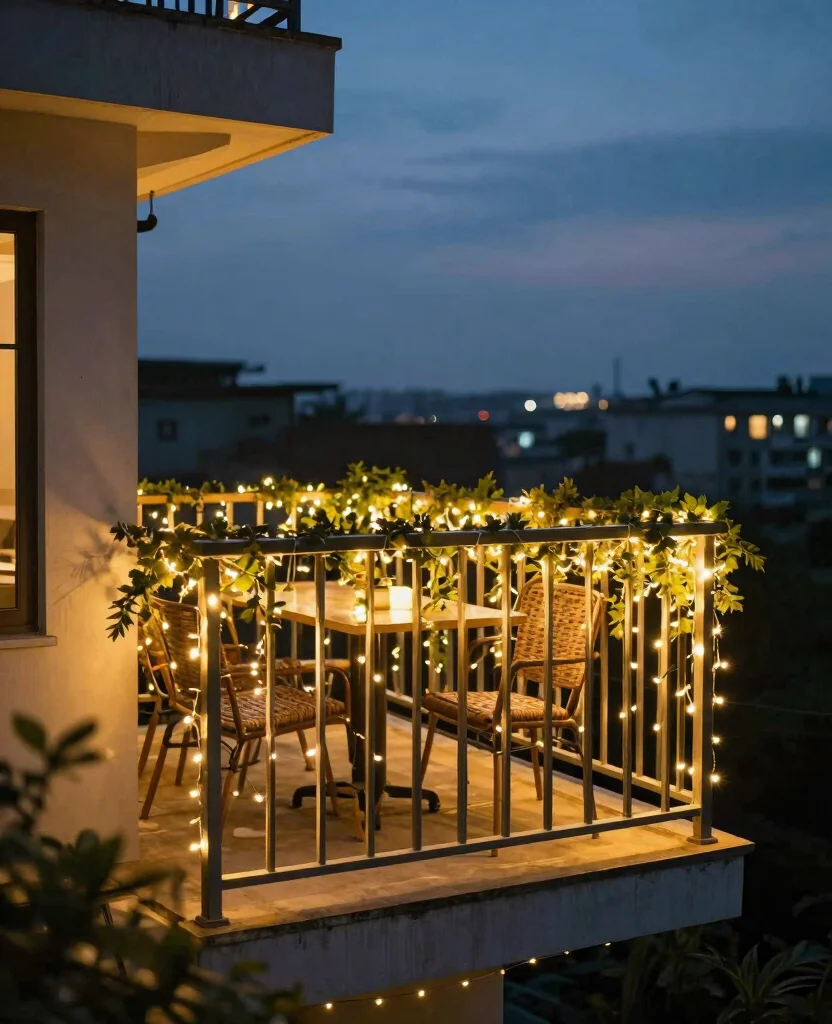 Transform Your Tiny Balcony: 10 Stunning Small Space Decor Ideas for Cozy Vibes - 3. Incorporate String Lights for Ambiance 1