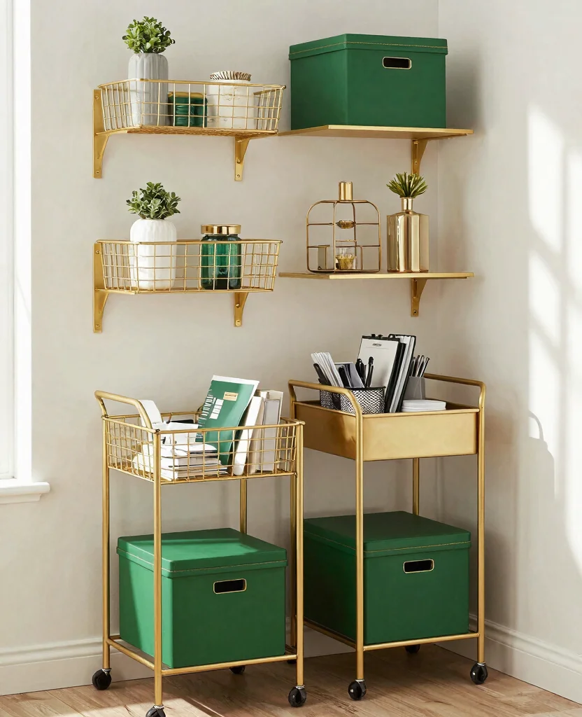 Transform Your Tiny Office: Stunning Green and Gold Decor Ideas for Small Spaces - 4. Stylish Storage Solutions: Stay Organized 1