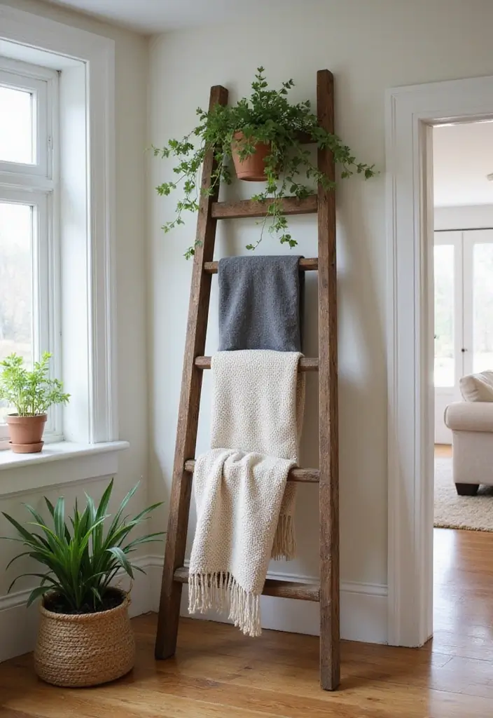 12 Must-Have Farmhouse Style Accents to Create a Cozy, Rustic Living Room (You'll Want #7!) - 7. Vintage Ladder Decor 1