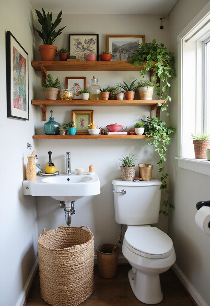 21 Colorful Small Bathroom Shelf Ideas That Bring Joy to Your Space (You’ll Adore #14!) - 14. Eclectic Gallery 1