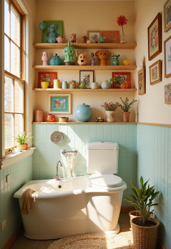 21 Colorful Small Bathroom Shelf Ideas That Bring Joy to Your Space (You’ll Adore #14!) - 4. Whimsical Wall Art 1