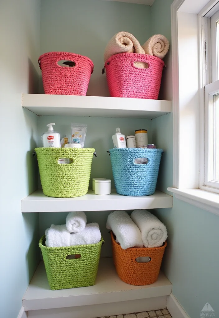 21 Colorful Small Bathroom Shelf Ideas That Bring Joy to Your Space (You’ll Adore #14!) - 5. Bold and Bright Baskets 1