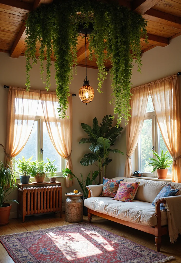 21 Stunning Boho Style Ideas to Elevate Your Living Room Decor! - 12. Statement Ceiling Decor 1