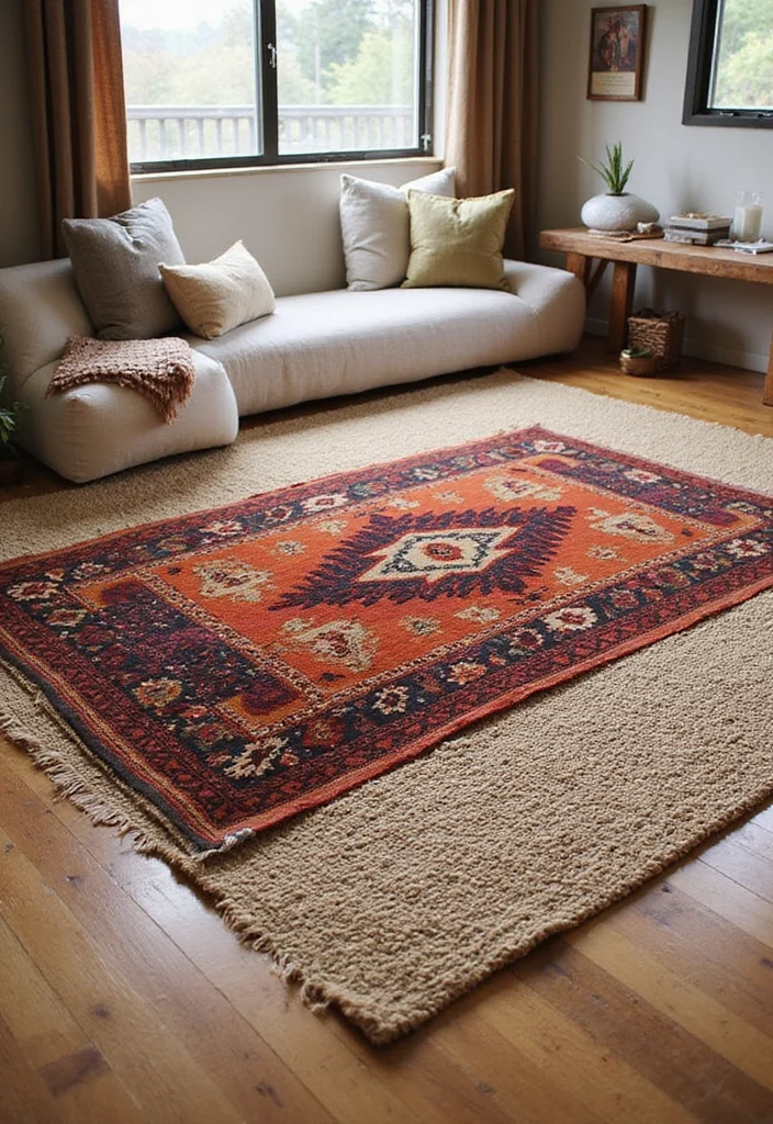 21 Stunning Boho Style Ideas to Elevate Your Living Room Decor! - 2. Layered Rugs for Textured Floors 1
