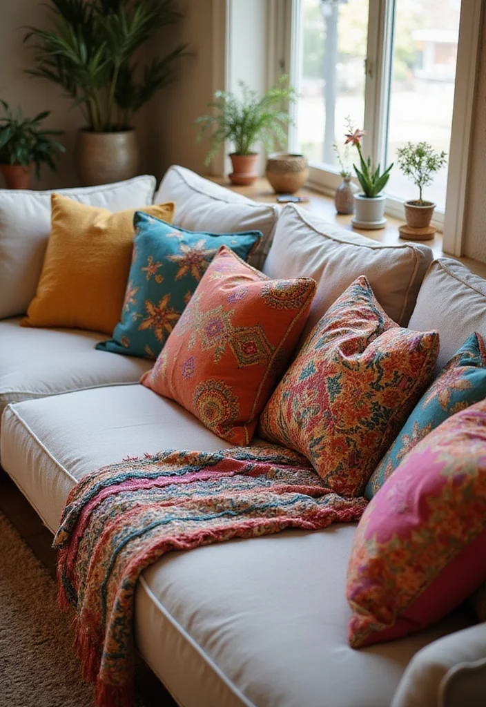 21 Stunning Boho Style Ideas to Elevate Your Living Room Decor! - 5. Colorful Throw Pillows 1