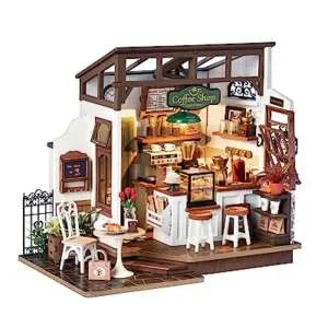 Rowood Miniature House Kit,DIY Miniature Dollhouse Kits for Adults to Build to Live in,Mayberry Street Miniatures,Wooden Adults Craft Kits,Mini Model Kits with LED,Birthday for Teens(NO.17 Cafe)