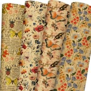 SaringSwoon Kraft Floral Wrapping Paper - Watercolor Gift Wrap With Vintage Flower, Butterfly, Newspaper Design for Wedding, Bridal Shower, Mother's Day, Birthday, Christmas - 8 Sheets, 20 x 29 Inches