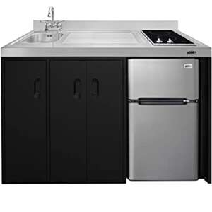 Summit Appliance CK54SINKL 54 Wide All-In-One Kitchenette, Stainless Steel Sink and Faucet, 2-door Refrigerator-freezer, 2-burner Smooth-top Cooktop, Storage Compartments, 115V Operation, Black
