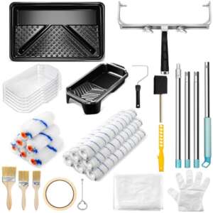 WILLBOND 35 Pcs Large Paint Roller Kit 1-5 ft Steel Extension Pole 6 Pcs 18"Paint Roller Sleeves and Roller Frame Paint Tray with Liners Foam Brush Paint Brushes Paint Kit (4 Inch)